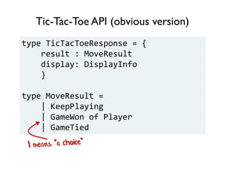 Tic-Tac-Toe API (obvious version)
type TicTacToeResponse = {
result : MoveResult
display: DisplayInfo
}
type MoveResult =
| KeepPlaying
| GameWon of Player
| GameTied
 