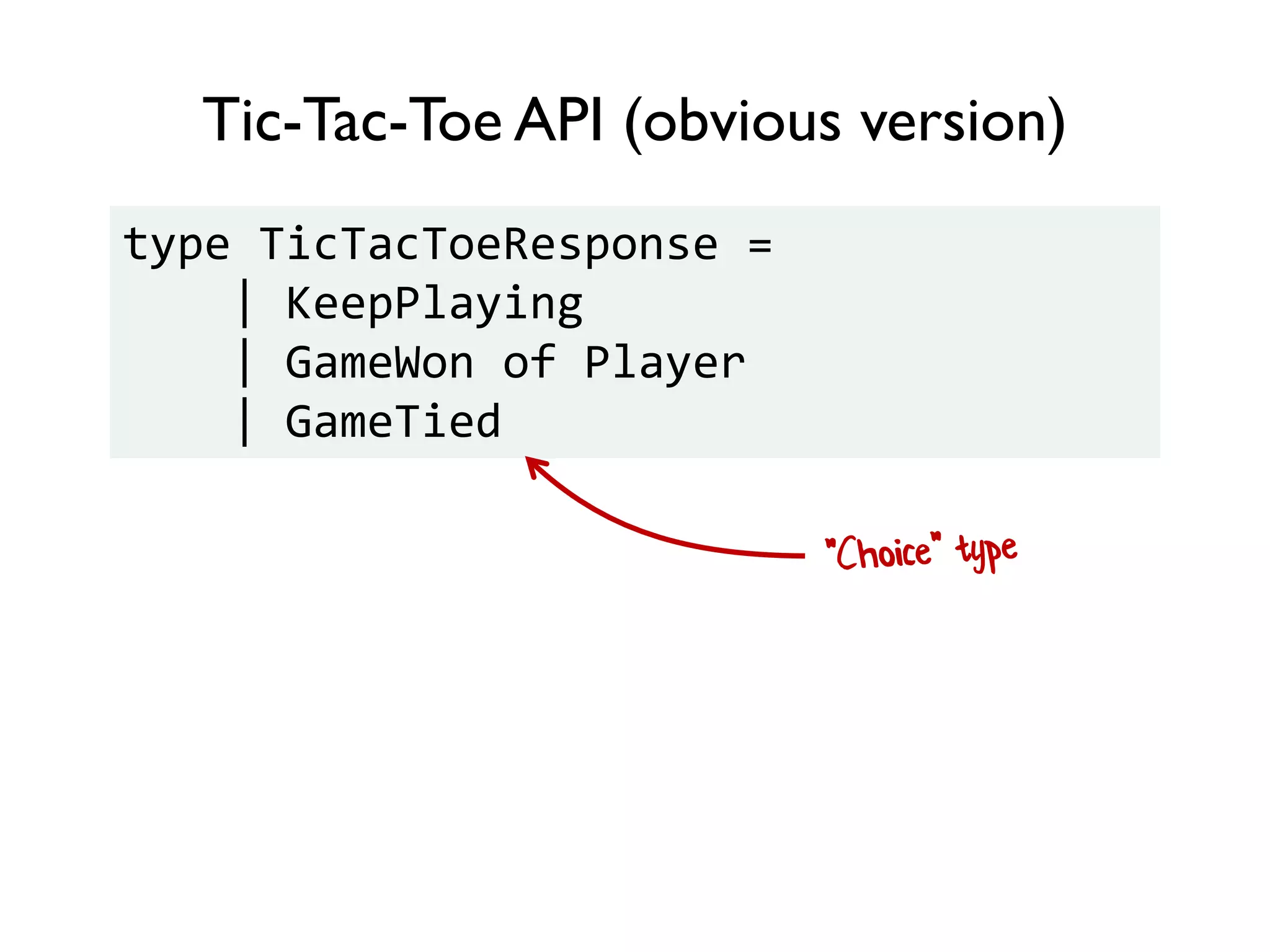 Tic-Tac-Toe API (obvious version)
type TicTacToeResponse =
| KeepPlaying
| GameWon of Player
| GameTied
 