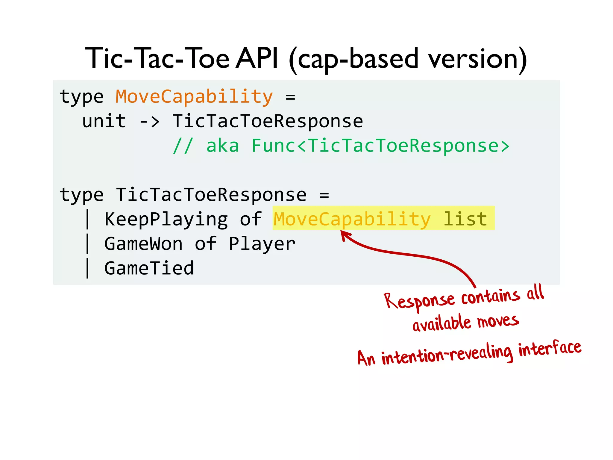 Tic-Tac-Toe API (cap-based version)
type MoveCapability =
unit -> TicTacToeResponse
// aka Func<TicTacToeResponse>
type TicTacToeResponse =
| KeepPlaying of MoveCapability list
| GameWon of Player
| GameTied
 