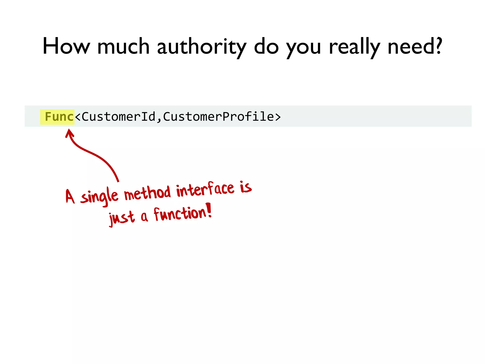 Func<CustomerId,CustomerProfile>
How much authority do you really need?
 