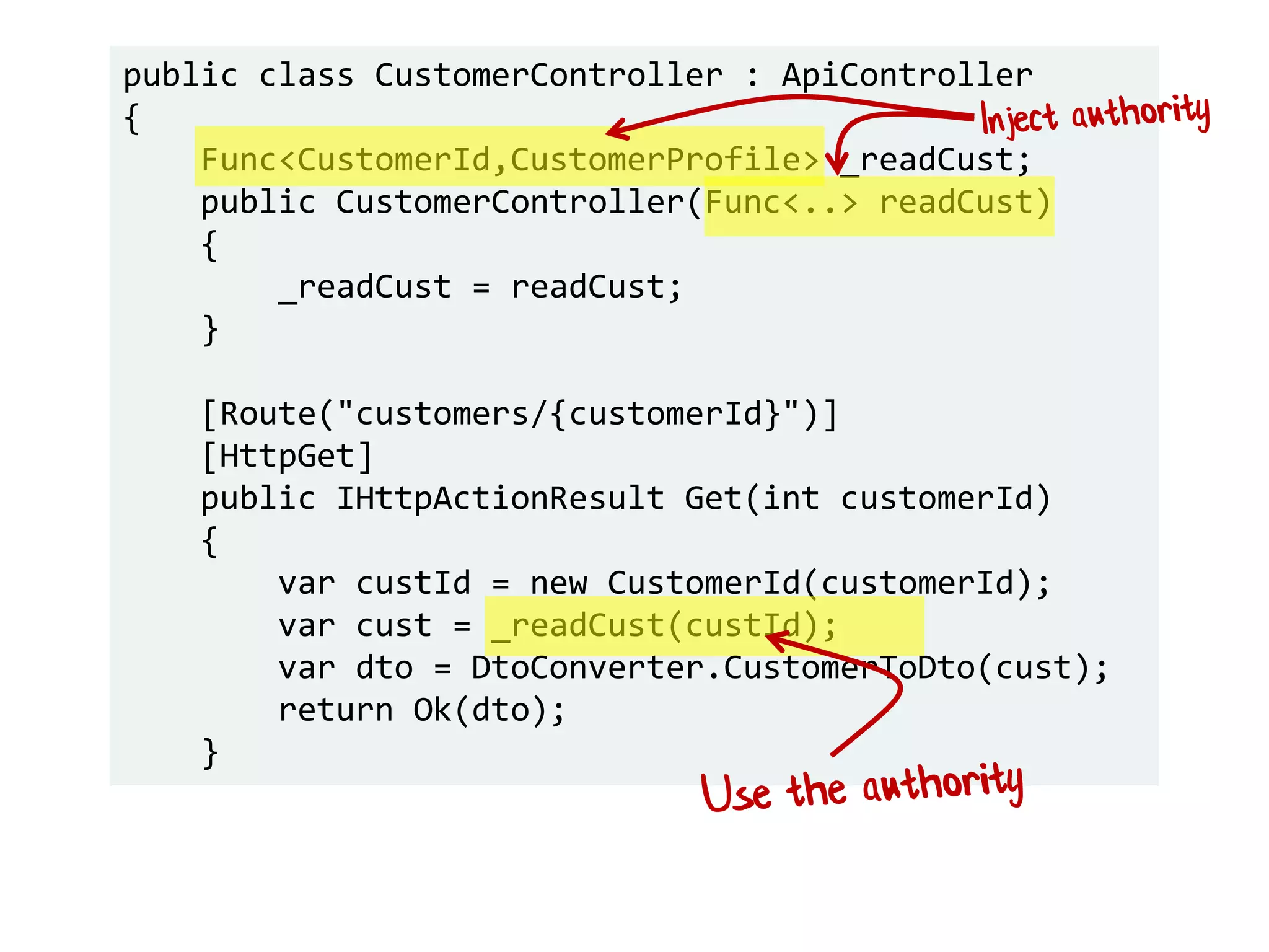 public class CustomerController : ApiController
{
Func<CustomerId,CustomerProfile> _readCust;
public CustomerController(Func<..> readCust)
{
_readCust = readCust;
}
[Route("customers/{customerId}")]
[HttpGet]
public IHttpActionResult Get(int customerId)
{
var custId = new CustomerId(customerId);
var cust = _readCust(custId);
var dto = DtoConverter.CustomerToDto(cust);
return Ok(dto);
}
 