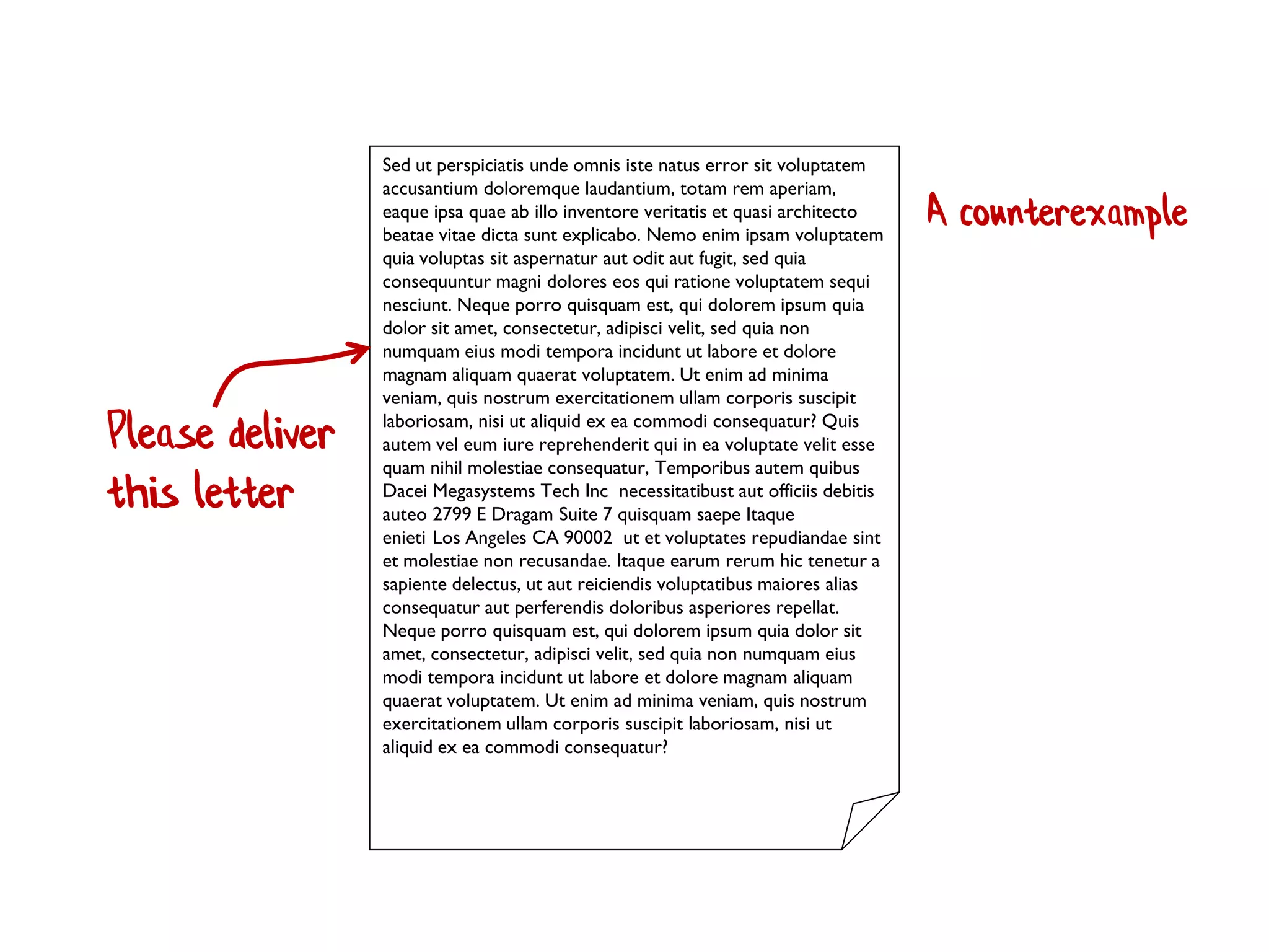 Sed ut perspiciatis unde omnis iste natus error sit voluptatem
accusantium doloremque laudantium, totam rem aperiam,
eaque ipsa quae ab illo inventore veritatis et quasi architecto
beatae vitae dicta sunt explicabo. Nemo enim ipsam voluptatem
quia voluptas sit aspernatur aut odit aut fugit, sed quia
consequuntur magni dolores eos qui ratione voluptatem sequi
nesciunt. Neque porro quisquam est, qui dolorem ipsum quia
dolor sit amet, consectetur, adipisci velit, sed quia non
numquam eius modi tempora incidunt ut labore et dolore
magnam aliquam quaerat voluptatem. Ut enim ad minima
veniam, quis nostrum exercitationem ullam corporis suscipit
laboriosam, nisi ut aliquid ex ea commodi consequatur? Quis
autem vel eum iure reprehenderit qui in ea voluptate velit esse
quam nihil molestiae consequatur, Temporibus autem quibus
Dacei Megasystems Tech Inc necessitatibust aut officiis debitis
auteo 2799 E Dragam Suite 7 quisquam saepe Itaque
enieti Los Angeles CA 90002 ut et voluptates repudiandae sint
et molestiae non recusandae. Itaque earum rerum hic tenetur a
sapiente delectus, ut aut reiciendis voluptatibus maiores alias
consequatur aut perferendis doloribus asperiores repellat.
Neque porro quisquam est, qui dolorem ipsum quia dolor sit
amet, consectetur, adipisci velit, sed quia non numquam eius
modi tempora incidunt ut labore et dolore magnam aliquam
quaerat voluptatem. Ut enim ad minima veniam, quis nostrum
exercitationem ullam corporis suscipit laboriosam, nisi ut
aliquid ex ea commodi consequatur?
Please deliver
this letter
A counterexample
 