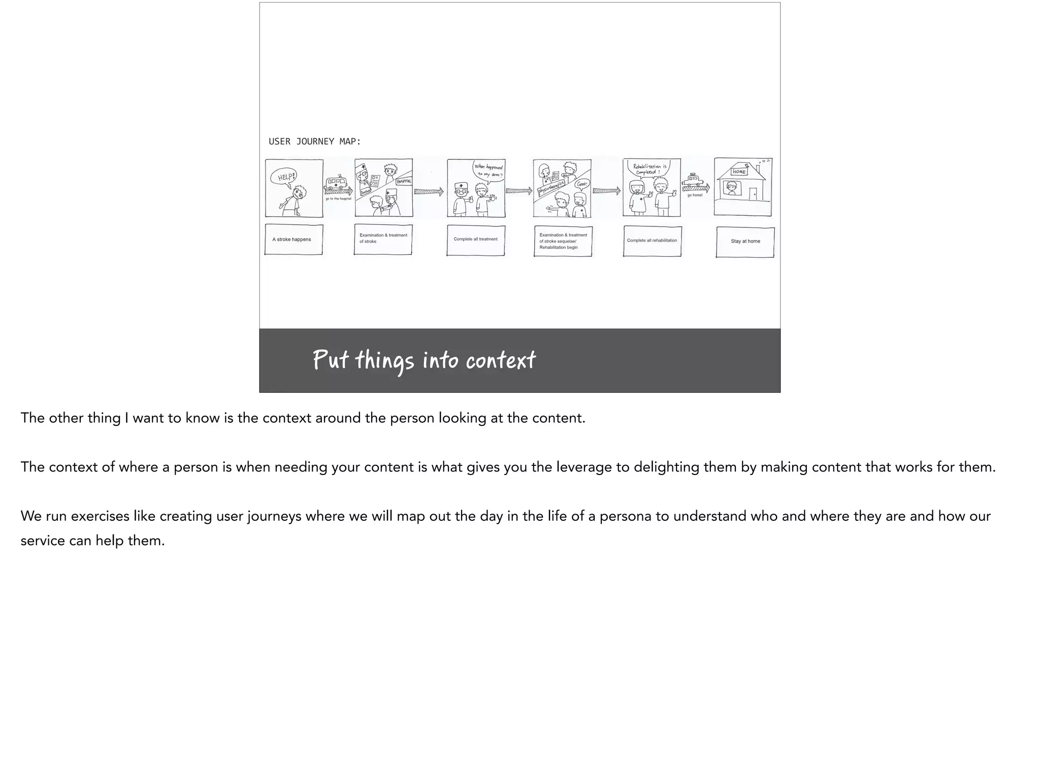 Put things into context
The other thing I want to know is the context around the person looking at the content.
The context of where a person is when needing your content is what gives you the leverage to delighting them by making content that works for them.
We run exercises like creating user journeys where we will map out the day in the life of a persona to understand who and where they are and how our
service can help them.
 