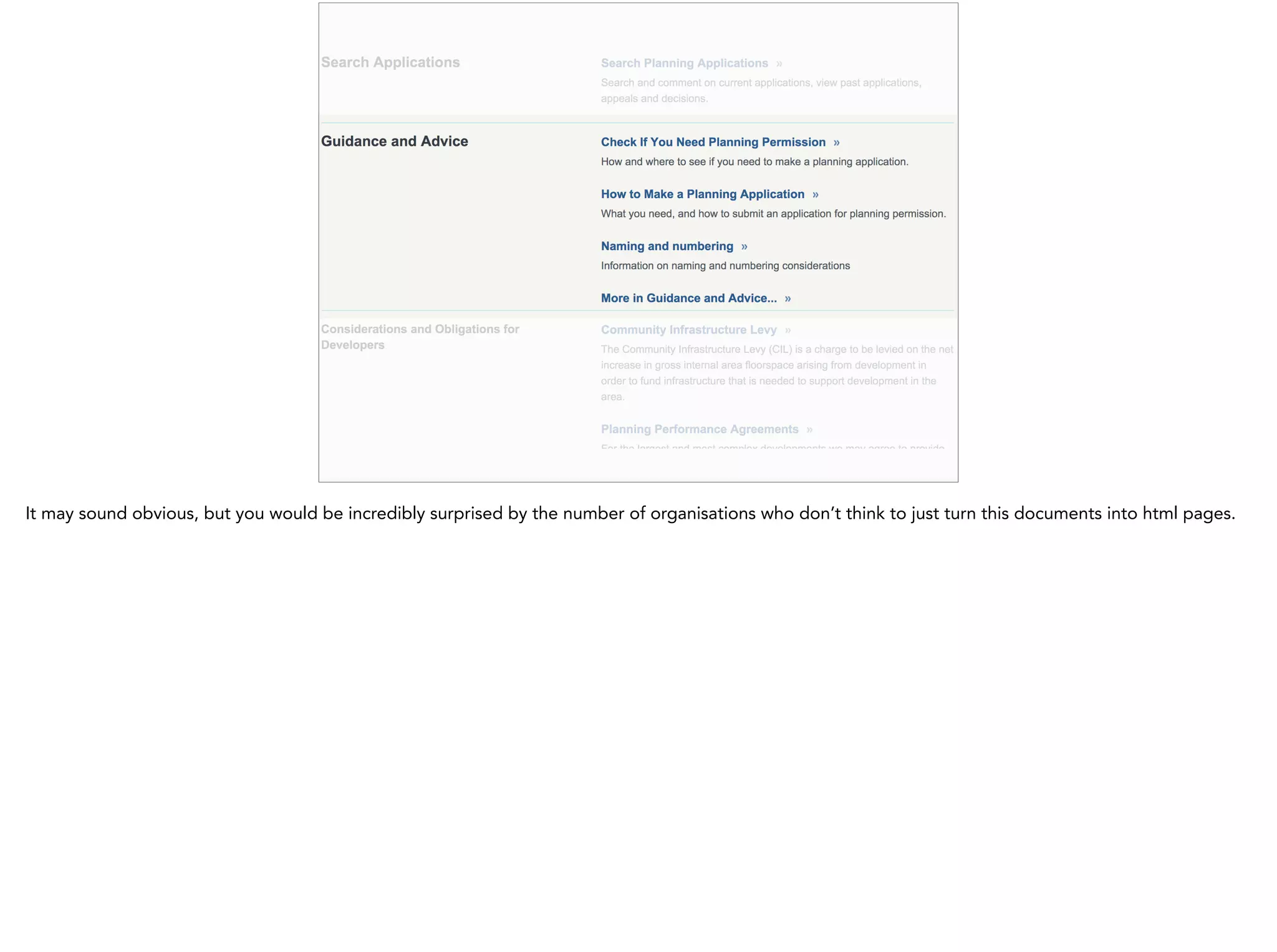 It may sound obvious, but you would be incredibly surprised by the number of organisations who don’t think to just turn this documents into html pages.
 