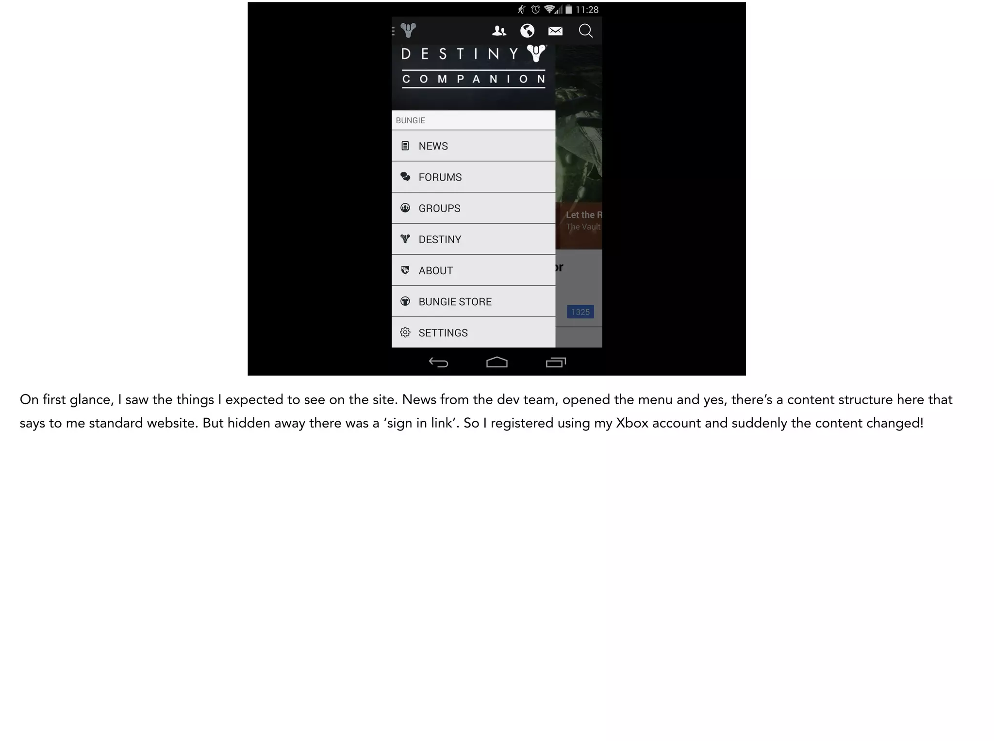 On first glance, I saw the things I expected to see on the site. News from the dev team, opened the menu and yes, there’s a content structure here that
says to me standard website. But hidden away there was a ‘sign in link’. So I registered using my Xbox account and suddenly the content changed!
 