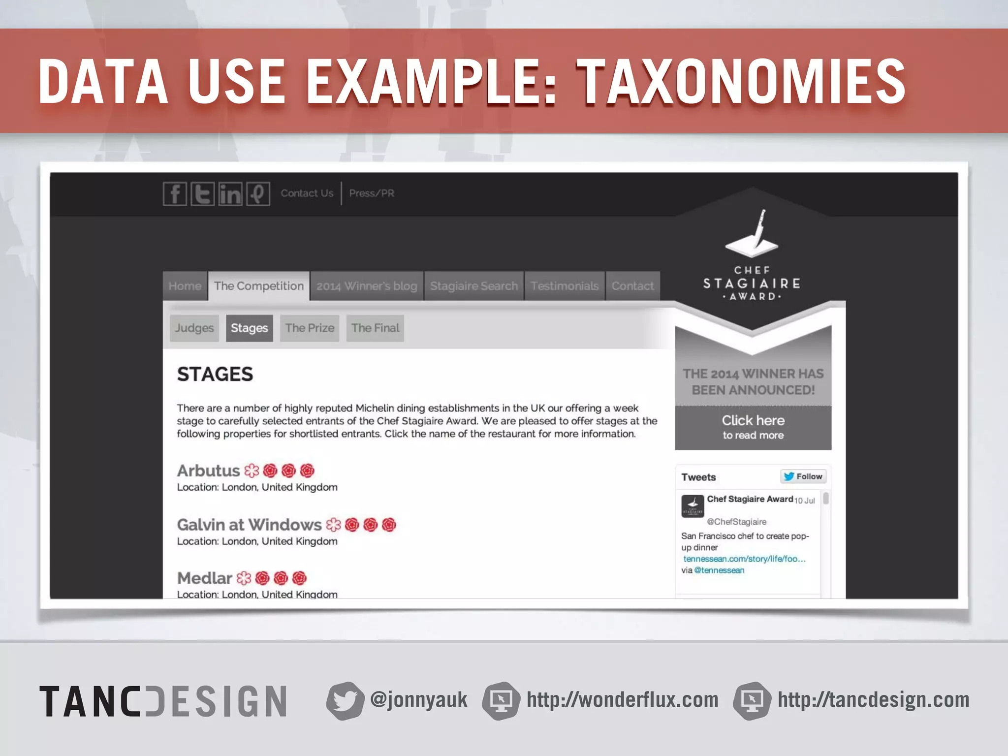 http://wonderflux.com@jonnyauk http://tancdesign.com
DATA USE EXAMPLE: TAXONOMIES
 