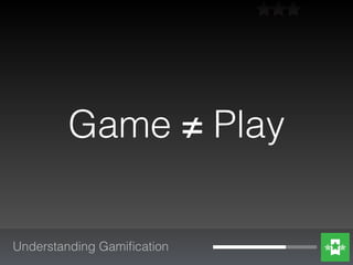 Play
Unstructured, ﬂexible & freeform.
Driven by imagination.
Understanding Gamiﬁcation
fun$
 