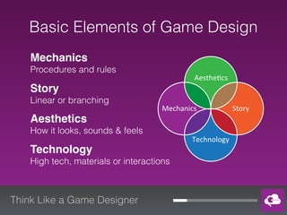 Think Like a Game Designer
Game Mechanics
• The Game Space
• Objects, Attributes & States
• Actions
• Rules
• Skills
• Cha...