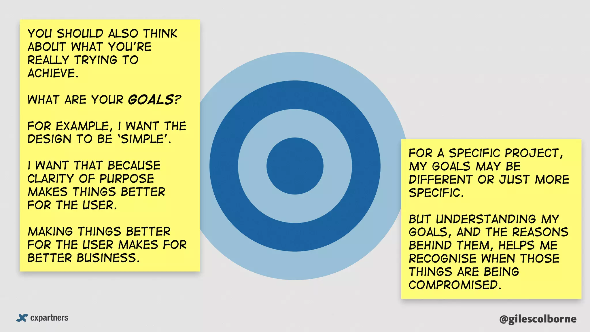 @gilescolborne
For a specific project,
my goals may be
different or just more
specific.
But understanding my
goals, and the reasons
behind them, helps me
recognise when those
things are being
compromised.
You should also think
about what you’re
really trying to
achieve.
what are your goals?
For example, i want the
design to be ‘Simple’.
i want that because
clarity of purpose
makes things better
for the user.
making things better
for the user makes for
better business.
 