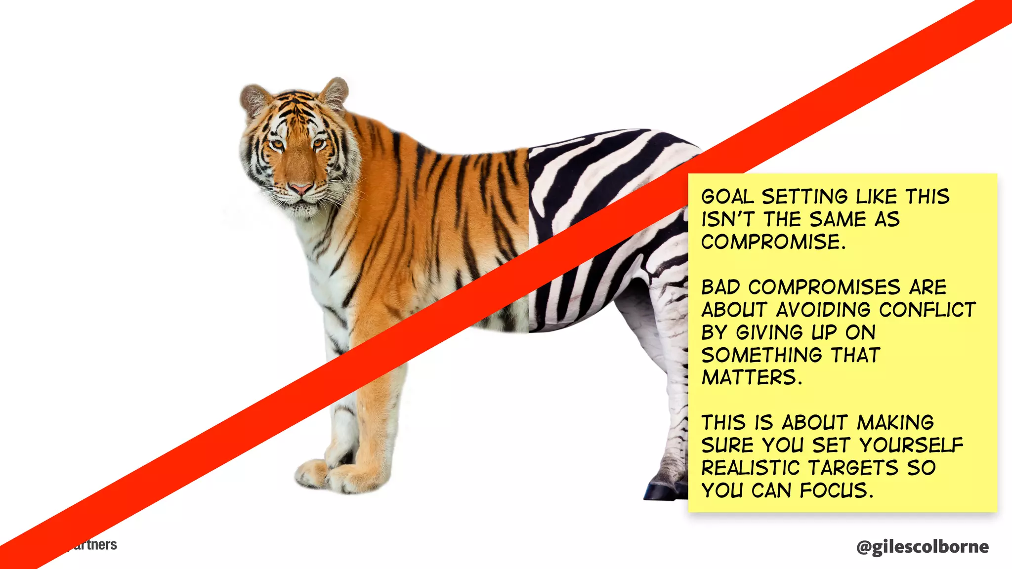 @gilescolborne@gilescolborne
Goal setting like This
isn’t the same as
compromise.
Bad compromises are
about avoiding conflict
by giving up on
something that
matters.
this is about making
sure you set yourself
realistic targets so
you can focus.
 
