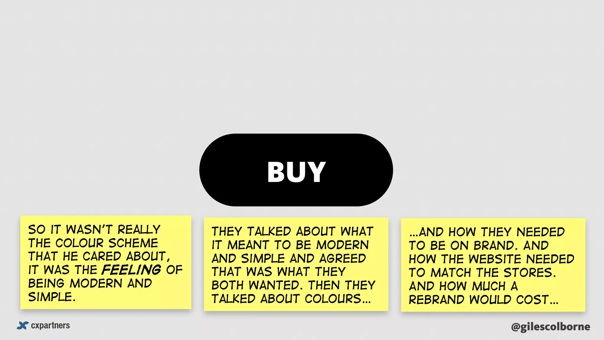 @gilescolborne
So it wasn’t really
the colour scheme
that he cared about,
it was the feeling of
being modern and
simple.
They talked about what
it meant to be modern
and simple and agreed
that was what they
both wanted. Then they
talked about colours…
…and how they needed
to be on brand. And
how the website needed
to match the stores.
And how much a
rebrand would cost…
BUY
 