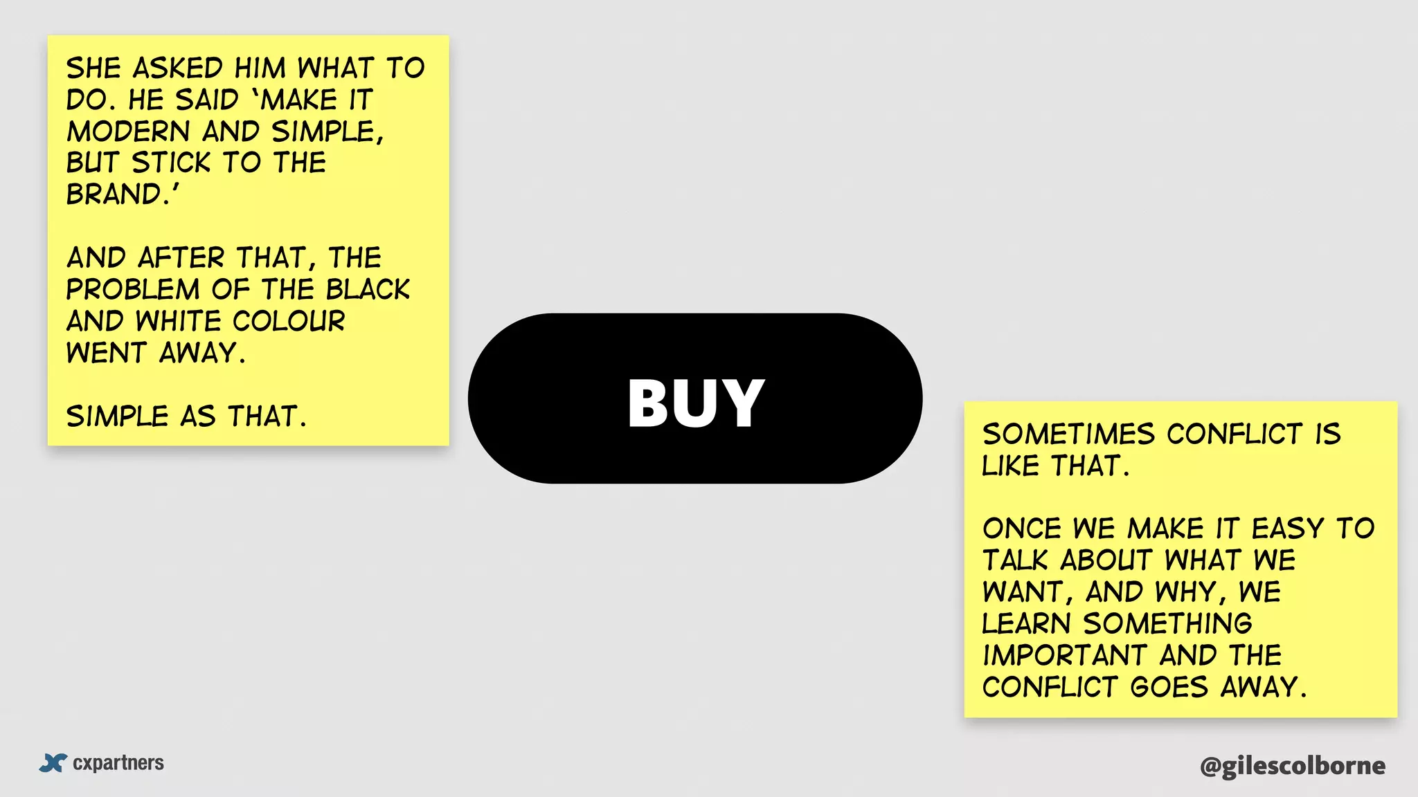 @gilescolborne
She asked him what to
do. He said ‘make it
modern and simple,
but stick to the
brand.’
And after that, the
problem of the black
and white colour
went away.
simple as that.
Sometimes conflict is
like that.
Once we make it easy to
talk about what we
want, and why, we
learn something
important and the
conflict goes away.
BUY
 
