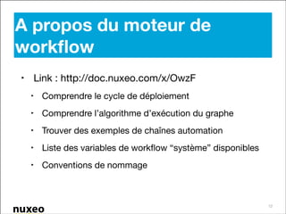 A propos du moteur de
workﬂow
!

‣ Link : http://doc.nuxeo.com/x/OwzF

‣ Comprendre le cycle de déploiement

‣ Comprendre l’algorithme d’exécution du graphe

‣ Trouver des exemples de chaînes automation

‣ Liste des variables de workﬂow “système” disponibles

‣ Conventions de nommage

12

 
