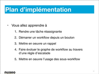 Plan d’implémentation
‣ Vous allez apprendre à

1. Rendre une tâche réassignante

2. Démarrer un workﬂow depuis un bouton

3. Mettre en oeuvre un rappel

4. Faire évoluer le graphe de workﬂow au travers
d’une règle d’escalade

5. Mettre en oeuvre l’usage des sous-workﬂow

17

 