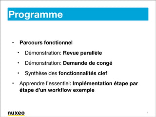 Programme
•

Parcours fonctionnel
•
•

Démonstration: Demande de congé


•
•

Démonstration: Revue parallèle


Synthèse des fonctionnalités clef
Apprendre l’essentiel: Implémentation étape par
étape d’un workﬂow exemple

4

 