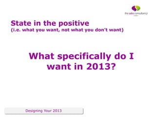 State in the positive
(i.e. what you want, not what you don't want)




       What specifically do I
         want in 201...