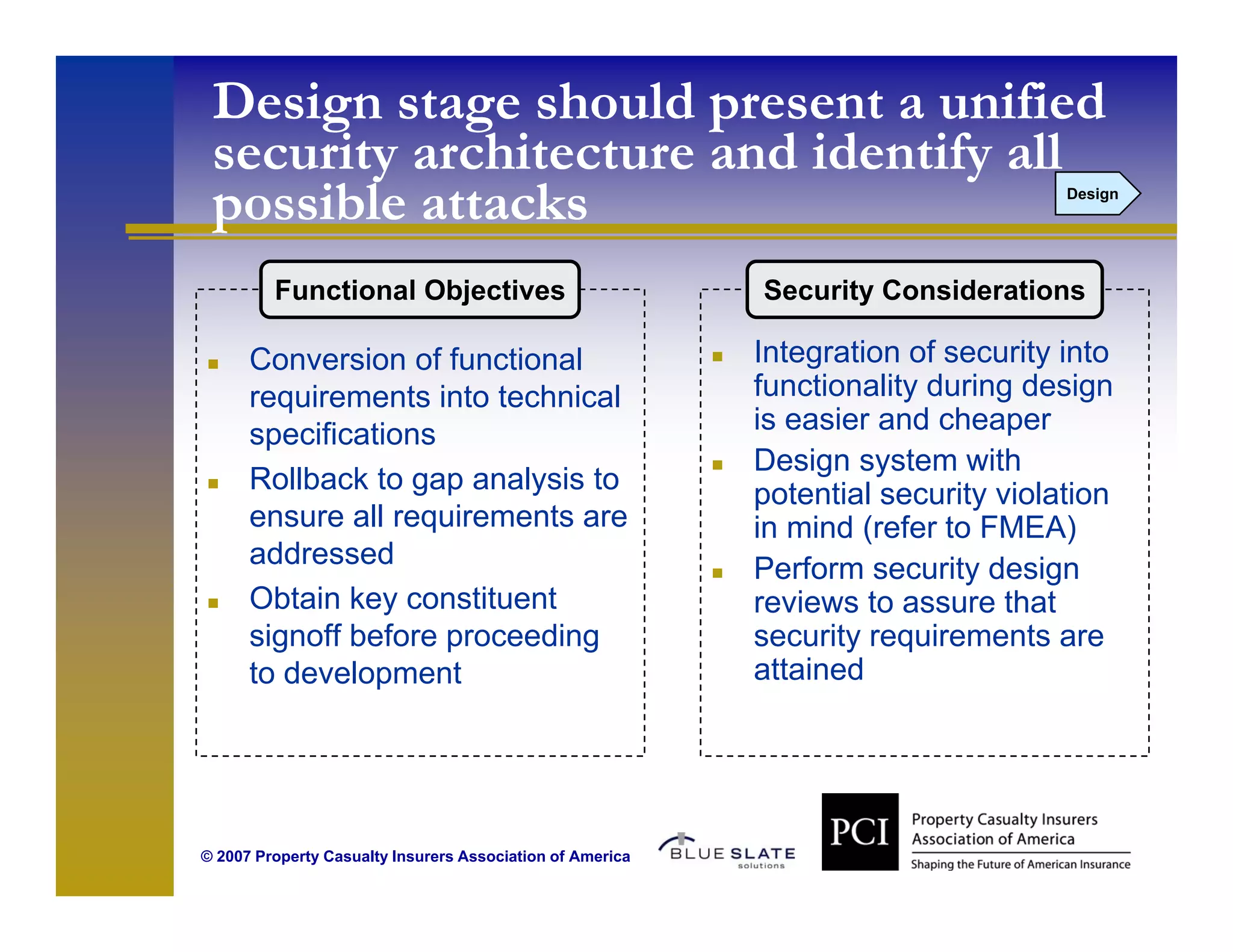 Design stage should present a unified
 security architecture and identify all
        y                         y
 possible attacks                                                                  Design




         Functional Objectives                             Security Considerations

      Conversion of functional                             Integration of security into
      requirements into technical                          functionality during design
      specifications                                       is easier and cheaper
                                                           Design system with
      Rollback to gap analysis to                          potential security violation
      ensure all requirements are                          in mind (refer to FMEA)
      addressed                                            Perform security design
      Obtain key constituent                               reviews to assure that
      signoff before proceeding                            security requirements are
      to development                                       attained




© 2007 Property Casualty Insurers Association of America
 