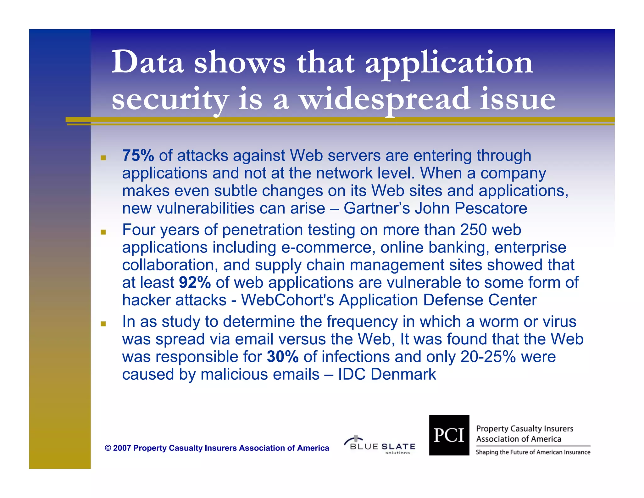 Data shows that application
 security is a widespread i
      it i      id      d issue
    75% of attacks against Web servers are entering through
    applications and not at the network level. When a company
    makes even subtle changes on its Web sites and applications,
    new vulnerabilities can arise – Gartner’s John Pescatore
    Four years of penetration testing on more than 250 web
    applications including e-commerce, online banking, enterprise
    collaboration, and supply chain management sites showed that
    at least 92% of web applications are vulnerable to some form of
    hacker attacks - WebCohort's Application Defense Center
    In as study to determine the frequency in which a worm or virus
    was spread via email versus the Web, It was found that the Web
    was responsible for 30% of infections and only 20-25% were
    caused by malicious emails – IDC Denmark



© 2007 Property Casualty Insurers Association of America
 