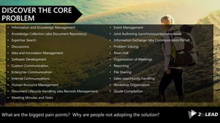 What are the biggest pain points? Why are people not adopting the solution?
DISCOVER THE CORE
PROBLEM
• Information and Knowledge Management
• Knowledge Collection (aka Document Repository)
• Expertise Search
• Discussions
• Idea and Innovation Management
• Software Development
• Custom Communication
• Enterprise Communication
• Internal Communications
• Human Resource Management
• Document Lifecycle Handling (aka Records Management)
• Meeting Minutes and Tasks
• Event Management
• Joint Authoring (synchronous/asynchronous)
• Information Exchange (aka Communication Portal)
• Problem Solving
• Town Hall
• Organization of Meetings
• Reporting
• File Sharing
• Sales opportunity handling
• Workshop Organization
• Quote Compilation
 