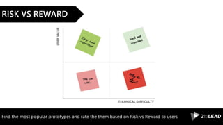 Find the most popular prototypes and rate the them based on Risk vs Reward to users
RISK VS REWARD
 