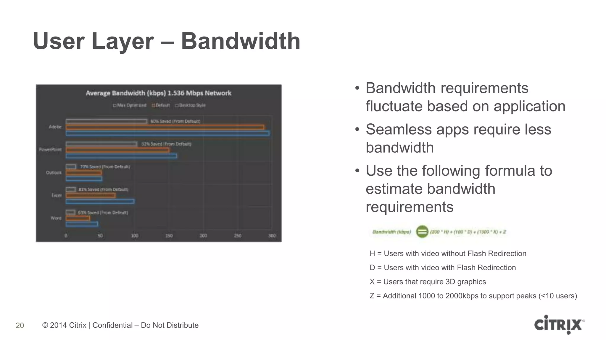 © 2014 Citrix | Confidential – Do Not Distribute
User Layer – Bandwidth
20
• Bandwidth requirements
fluctuate based on application
• Seamless apps require less
bandwidth
• Use the following formula to
estimate bandwidth
requirements
H = Users with video without Flash Redirection
D = Users with video with Flash Redirection
X = Users that require 3D graphics
Z = Additional 1000 to 2000kbps to support peaks (<10 users)
 