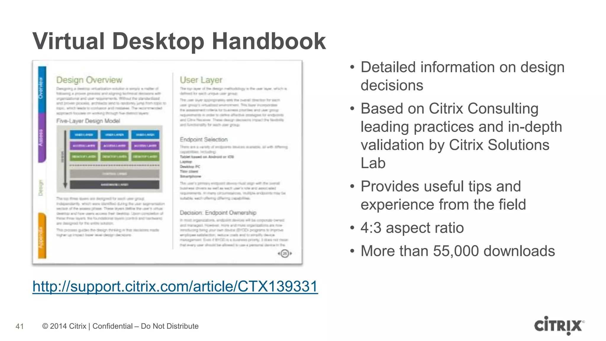© 2014 Citrix | Confidential – Do Not Distribute
Virtual Desktop Handbook
41
http://support.citrix.com/article/CTX139331
• Detailed information on design
decisions
• Based on Citrix Consulting
leading practices and in-depth
validation by Citrix Solutions
Lab
• Provides useful tips and
experience from the field
• 4:3 aspect ratio
• More than 55,000 downloads
 