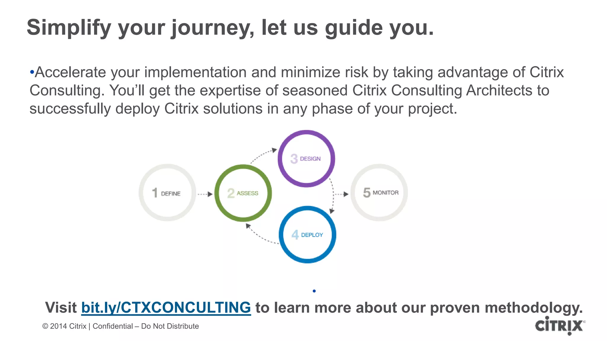 © 2014 Citrix | Confidential – Do Not Distribute
Simplify your journey, let us guide you.
•Accelerate your implementation and minimize risk by taking advantage of Citrix
Consulting. You’ll get the expertise of seasoned Citrix Consulting Architects to
successfully deploy Citrix solutions in any phase of your project.
•
Visit bit.ly/CTXCONCULTING to learn more about our proven methodology.
 
