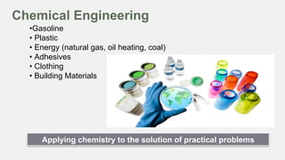 Chemical Engineering
• Gasoline
•  Plastic
•  Energy (natural gas, oil heating, coal)
•  Adhesives
•  Clothing
•  Building Materials

Applying chemistry to the solution of practical problems

 