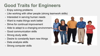 Good Traits for Engineers
• 
• 
• 
• 
• 
• 
• 
• 
• 
• 
• 

Enjoy solving problems
Like working with other people (strong teamwork skills)
Interested in serving human needs
Want to make things work better
Strive for continual improvement
Able to adapt to a changing environment
Good communication skills
Strong study skills
Desire to constantly learn new things
Data analysis skills
Strong computer skills

 