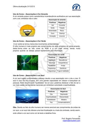Última atualização 30/05/2015
28
Prof. Rogério Fernandes
rogerio@nrsystem.com
Etapas do Design de Interação:
1. Identificar necessidades e estabelecer requisitos;
2. Desenvolver designs alternativos que preencham esses requisitos;
3. Construir versões interativas dos designs, de maneira que possam ser comunicados e
analisados;
4. Avaliar o que esta sendo construído durante o processo.
Aplicações:
 Explicar as diferenças entre os bons e os maus designs;
 Delinear as diferentes formas de orientação utilizadas no design de interação;
 Metas de usabilidade e princípios de design.
O objetivo do design de Interação é trazer a usabilidade para dentro do processo de
criação.
Principal motivação:
Entender o impacto das interfaces junto a:
 Usuários;
 Tarefas;
 Organizações.
Premissas básicas:
 Independente da experiência do designer, raramente o sistema “dá certo” logo na
primeira vez.
 Você não saberá se o sistema está funcionando até que se comece a testá-lo.
A seguir são apresentados alguns exemplos de design, levando em consideração a
usabilidade dos produtos apresentados, faça uma análise pensando como designer e
outra como usuário final.
 