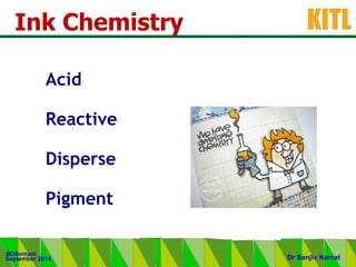 .
KITL
September 2014
BDSomani
Dr Sanjiv Kamat
Ink Chemistry
Acid
Reactive
Disperse
Pigment
 