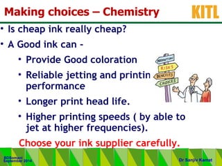 .
KITL
September 2014
BDSomani
Dr Sanjiv Kamat
Making choices – Chemistry
• Is cheap ink really cheap?
• A Good ink can -
• Provide Good coloration
• Reliable jetting and printing
performance
• Longer print head life.
• Higher printing speeds ( by able to
jet at higher frequencies).
Choose your ink supplier carefully.
 