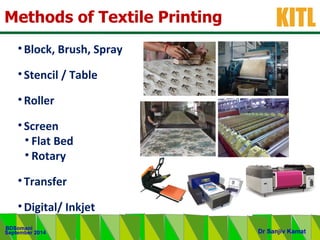 .
KITL
September 2014
BDSomani
Dr Sanjiv Kamat
Methods of Textile Printing
•Block, Brush, Spray
•Stencil / Table
•Roller
•Screen
• Flat Bed
• Rotary
•Transfer
•Digital/ Inkjet
 