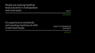 People are seeking healthier
food and drink in metropolitan
and rural areas.                               WHY?

                                           STRATEGY



It’s expensive to constantly
visit vending machines to reﬁll   WHAT’S STANDING IN
it with fresh foods.                       OUR WAY?

                                            TACTICS



How might we best maintain
the freshness of healthy food
in a vending machine?                HOW MIGHT WE?
 
