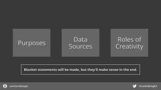uxd.to/design @ustinKnight
Purposes
Data
Sources
Roles of
Creativity
Blanket statements will be made, but they’ll make sense in the end.
 