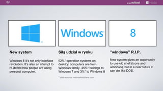 Nie można wyświetlić obrazu. Na komputerze może brakować pamięci do otwarcia obrazu lub obraz może być uszkodzony. Uruchom ponownie komputer, a następnie otwórz plik ponownie. Jeśli   Nie można wyświetlić obrazu. Na komputerze może brakować pamięci do otwarcia obrazu lub obraz może być uszkodzony. Uruchom ponownie komputer, a następnie otwórz plik ponownie. Jeśli
                                        czerwony znak x nadal będzie wyświetlany, konieczne może być usunięcie obrazu, a następnie ponowne wstawienie go.                                                                       czerwony znak x nadal będzie wyświetlany, konieczne może być usunięcie obrazu, a następnie ponowne wstawienie go.




         GRAFIKA                                                                      GRAFIKA                                                                                                                                                                                 GRAFIKA


New system                            Siłą udział w rynku                                                                                                                                                                       ”windows” R.I.P.

Windows 8 it’s not only interface     92%* operation systems on                                                                                                                                                                 New system gives an opportunity
revolution. It’s also an attempt to   desktop computers are from                                                                                                                                                                to use old shell (icons and
re-define how people are using        Windows family. 45%* belongs to                                                                                                                                                           windows), but in a near future it
personal computer.                    Windows 7 and 3%* to Windows 8                                                                                                                                                            can die like DOS.

                                      * data source: netmarketshare.com
 