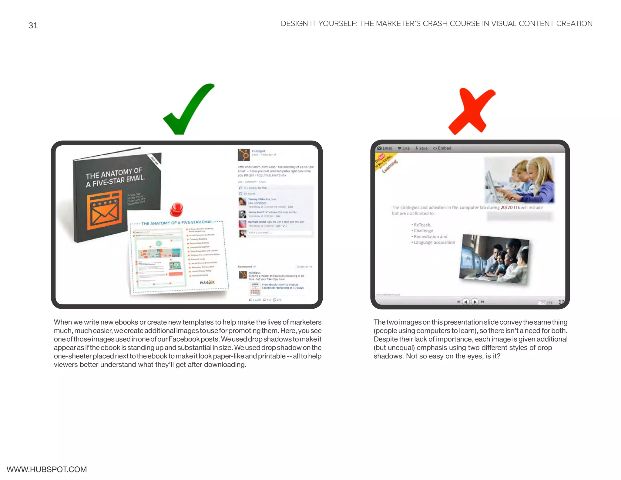 DESIGN IT YOURSELF: THE MARKETER’S CRASH COURSE IN VISUAL CONTENT CREATION31
WWW.HUBSPOT.COM
When we write new ebooks or create new templates to help make the lives of marketers
much,mucheasier,wecreateadditionalimagestouseforpromotingthem.Here,yousee
oneofthoseimagesusedinoneofourFacebookposts.Weuseddropshadowstomakeit
appearasiftheebookisstandingupandsubstantialinsize.Weuseddropshadowonthe
one-sheeterplacednexttotheebooktomakeitlookpaper-likeandprintable--alltohelp
viewers better understand what they’ll get after downloading.
Thetwoimagesonthispresentationslideconveythesamething
(people using computers to learn), so there isn’t a need for both.
Despite their lack of importance, each image is given additional
(but unequal) emphasis using two different styles of drop
shadows. Not so easy on the eyes, is it?
 