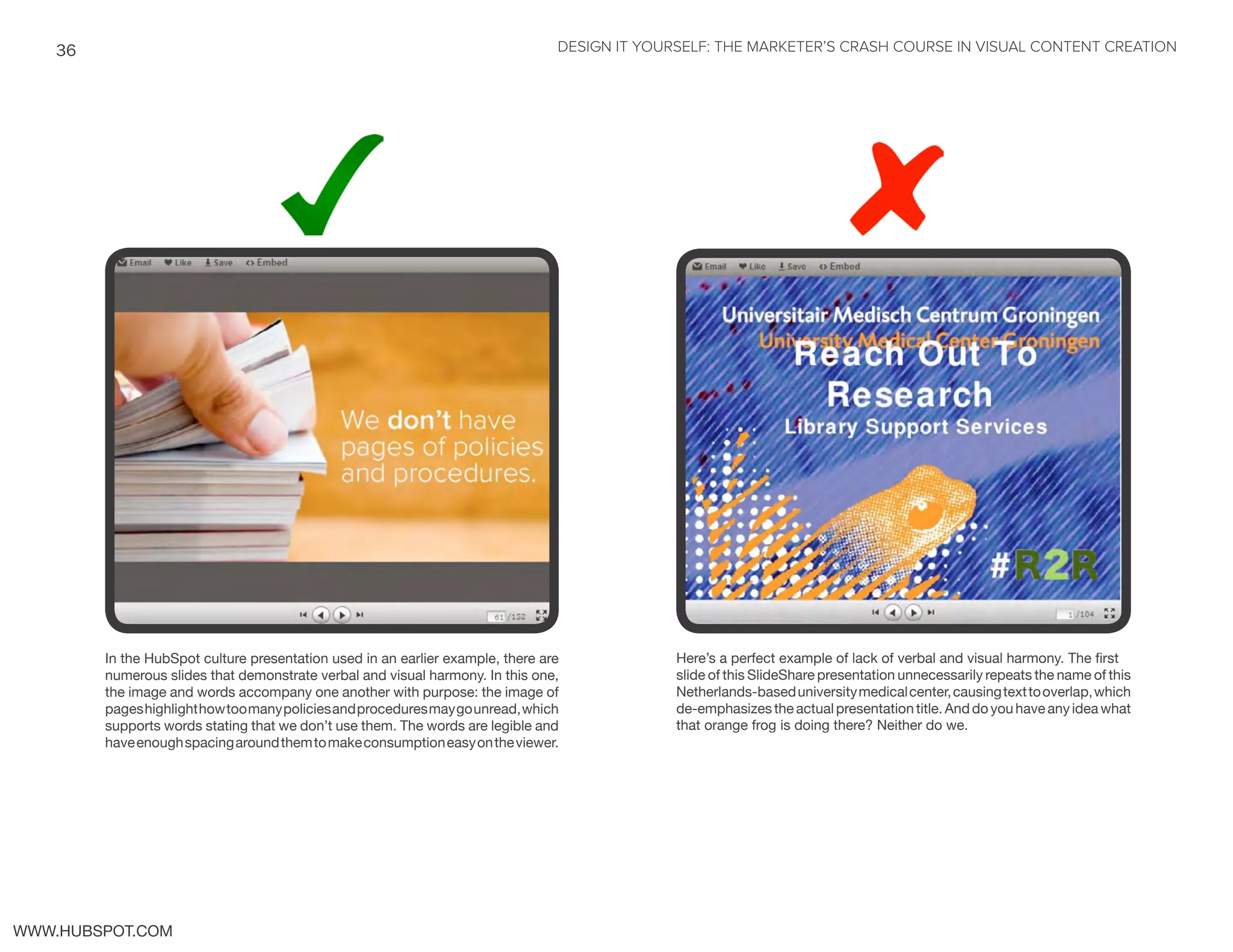 DESIGN IT YOURSELF: THE MARKETER’S CRASH COURSE IN VISUAL CONTENT CREATION36
WWW.HUBSPOT.COM
In the HubSpot culture presentation used in an earlier example, there are
numerous slides that demonstrate verbal and visual harmony. In this one,
the image and words accompany one another with purpose: the image of
pageshighlighthowtoomanypoliciesandproceduresmaygounread,which
supports words stating that we don’t use them. The words are legible and
haveenoughspacingaroundthemtomakeconsumptioneasyontheviewer.
Here’s a perfect example of lack of verbal and visual harmony. The first
slide of this SlideShare presentation unnecessarily repeats the name of this
Netherlands-baseduniversitymedicalcenter,causingtexttooverlap,which
de-emphasizes the actual presentation title. And do you have any idea what
that orange frog is doing there? Neither do we.
 