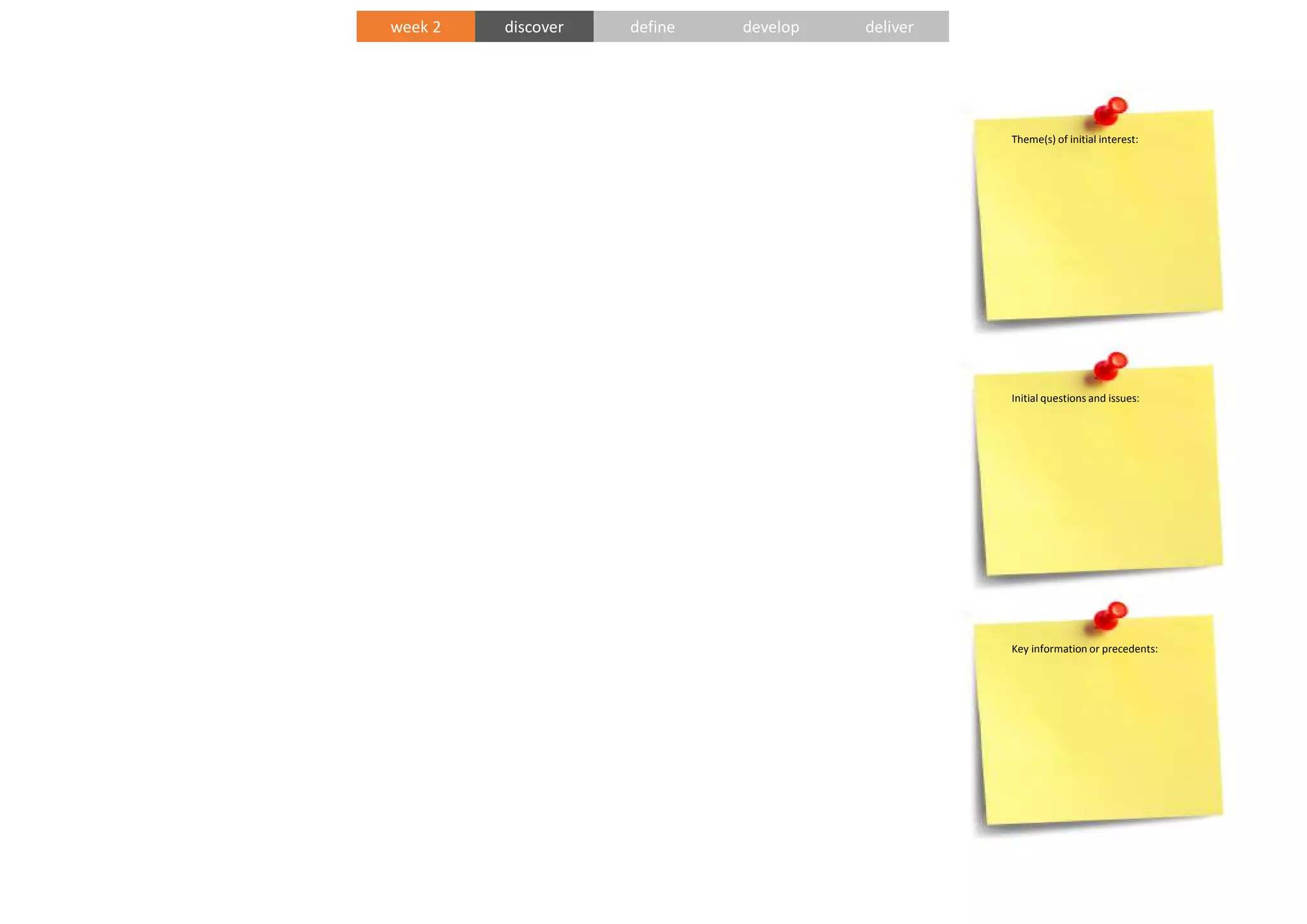 Theme(s) of initial interest:
Initial questions and issues:
Key information or precedents:
week 2 discover define develop deliver
 