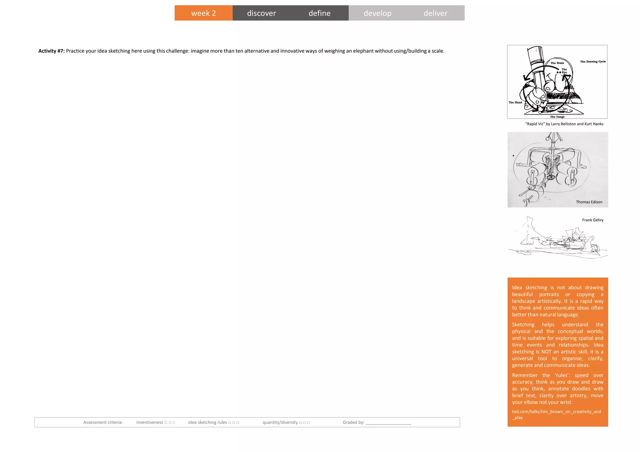 Assessment criteria: inventiveness □ □ □ idea sketching rules □ □ □ quantity/diversity □ □ □ Graded by: ___________________
Activity #7: Practice your idea sketching here using this challenge: imagine more than ten alternative and innovative ways of weighing an elephant without using/building a scale.
week 2 discover define develop deliver
Idea sketching is not about drawing
beautiful portraits or copying a
landscape artistically. It is a rapid way
to think and communicate ideas often
better than natural language.
Sketching helps understand the
physical and the conceptual worlds,
and is suitable for exploring spatial and
time events and relationships. Idea
sketching is NOT an artistic skill, it is a
universal tool to organise, clarify,
generate and communicate ideas.
Remember the ‘rules’: speed over
accuracy, think as you draw and draw
as you think, annotate doodles with
brief text, clarity over artistry, move
your elbow not your wrist.
ted.com/talks/tim_brown_on_creativity_and
_play
Thomas Edison
Frank Gehry
“Rapid Viz” by Larry Belliston and Kurt Hanks
 