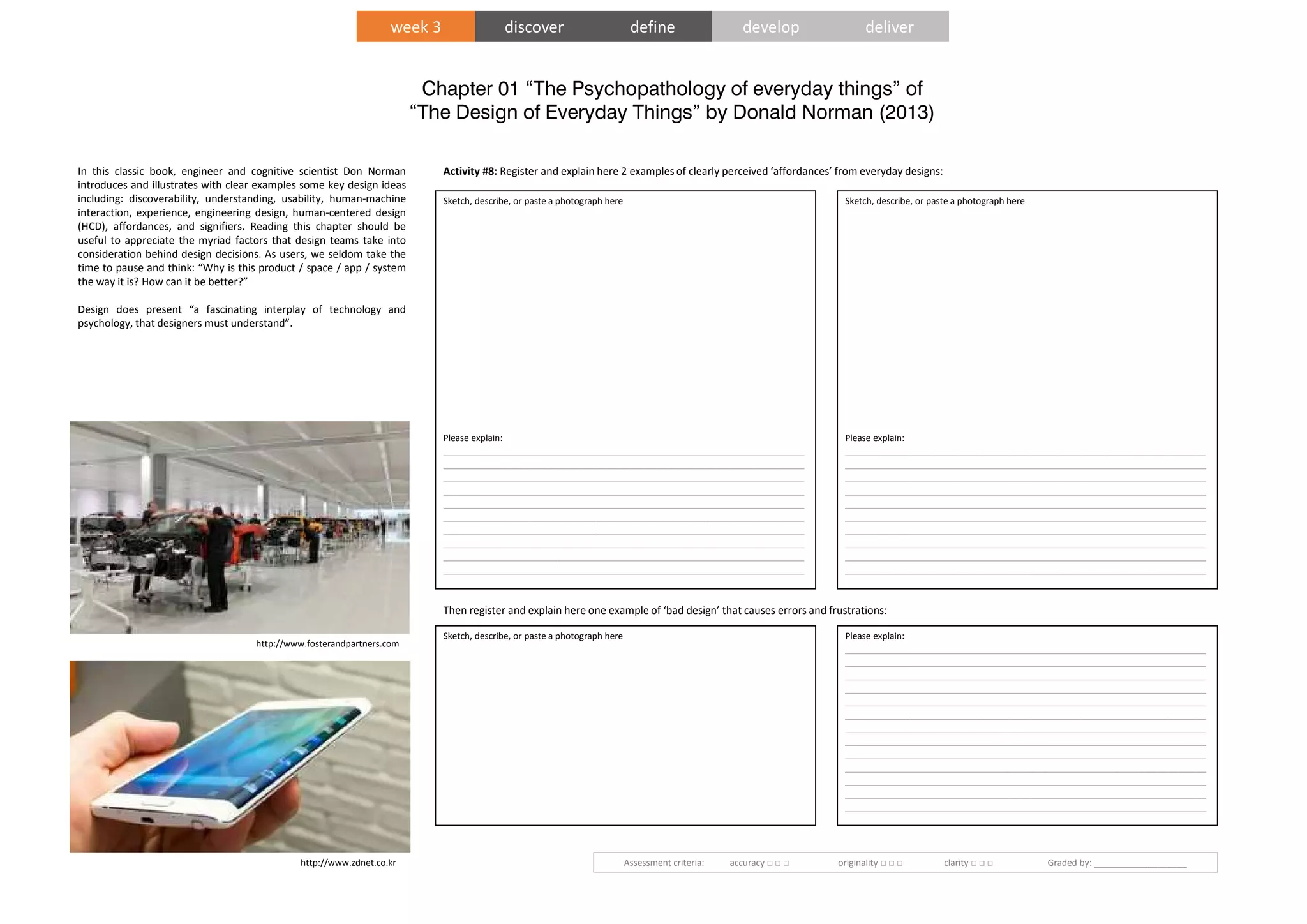 Chapter 01 “The Psychopathology of everyday things” of
“The Design of Everyday Things” by Donald Norman (2013)
Assessment criteria: accuracy □ □ □ originality □ □ □ clarity □ □ □ Graded by: ___________________
In this classic book, engineer and cognitive scientist Don Norman
introduces and illustrates with clear examples some key design ideas
including: discoverability, understanding, usability, human-machine
interaction, experience, engineering design, human-centered design
(HCD), affordances, and signifiers. Reading this chapter should be
useful to appreciate the myriad factors that design teams take into
consideration behind design decisions. As users, we seldom take the
time to pause and think: “Why is this product / space / app / system
the way it is? How can it be better?”
Design does present “a fascinating interplay of technology and
psychology, that designers must understand”.
Activity #8: Register and explain here 2 examples of clearly perceived ‘affordances’ from everyday designs:
Then register and explain here one example of ‘bad design’ that causes errors and frustrations:
Sketch, describe, or paste a photograph here
Please explain:
__________________________________________________________________
__________________________________________________________________
__________________________________________________________________
__________________________________________________________________
__________________________________________________________________
__________________________________________________________________
__________________________________________________________________
__________________________________________________________________
__________________________________________________________________
__________________________________________________________________
Sketch, describe, or paste a photograph here
Please explain:
__________________________________________________________________
__________________________________________________________________
__________________________________________________________________
__________________________________________________________________
__________________________________________________________________
__________________________________________________________________
__________________________________________________________________
__________________________________________________________________
__________________________________________________________________
__________________________________________________________________
Sketch, describe, or paste a photograph here Please explain:
__________________________________________________________________
__________________________________________________________________
__________________________________________________________________
__________________________________________________________________
__________________________________________________________________
__________________________________________________________________
__________________________________________________________________
__________________________________________________________________
__________________________________________________________________
__________________________________________________________________
__________________________________________________________________
__________________________________________________________________
__________________________________________________________________
week 3 discover define develop deliver
http://www.fosterandpartners.com
http://www.zdnet.co.kr
 