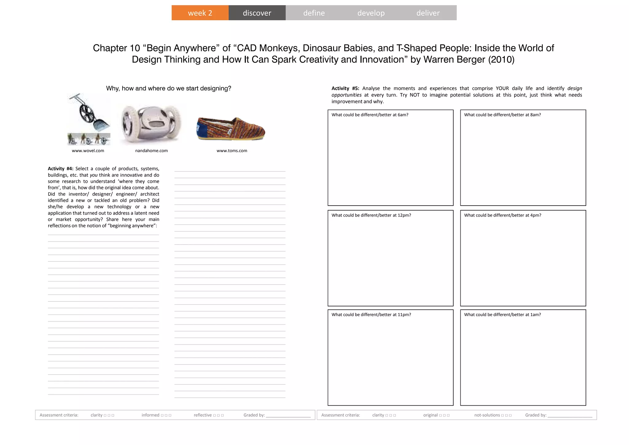 Chapter 10 “Begin Anywhere” of “CAD Monkeys, Dinosaur Babies, and T-Shaped People: Inside the World of
Design Thinking and How It Can Spark Creativity and Innovation” by Warren Berger (2010)
www.wovel.com nandahome.com www.toms.com
Why, how and where do we start designing?
Activity #4: Select a couple of products, systems,
buildings, etc. that you think are innovative and do
some research to understand ‘where they come
from’, that is, how did the original idea come about.
Did the inventor/ designer/ engineer/ architect
identified a new or tackled an old problem? Did
she/he develop a new technology or a new
application that turned out to address a latent need
or market opportunity? Share here your main
reflections on the notion of “beginning anywhere”:
________________________________________
________________________________________
________________________________________
________________________________________
________________________________________
________________________________________
________________________________________
________________________________________
________________________________________
________________________________________
________________________________________
________________________________________
________________________________________
________________________________________
________________________________________
________________________________________
________________________________________
________________________________________
________________________________________
________________________________________
________________________________________
________________________________________
________________________________________
________________________________________
________________________________________
________________________________________
________________________________________
________________________________________
________________________________________
________________________________________
________________________________________
________________________________________
________________________________________
________________________________________
________________________________________
________________________________________
________________________________________
________________________________________
________________________________________
________________________________________
________________________________________
________________________________________
________________________________________
________________________________________
________________________________________
________________________________________
________________________________________
________________________________________
________________________________________
________________________________________
________________________________________
________________________________________
________________________________________
________________________________________
________________________________________
________________________________________
________________________________________
________________________________________
________________________________________
________________________________________
Activity #5: Analyse the moments and experiences that comprise YOUR daily life and identify design
opportunities at every turn. Try NOT to imagine potential solutions at this point, just think what needs
improvement and why.
What could be different/better at 6am? What could be different/better at 8am?
What could be different/better at 12pm? What could be different/better at 4pm?
What could be different/better at 11pm? What could be different/better at 1am?
Assessment criteria: clarity □ □ □ original □ □ □ not-solutions □ □ □ Graded by: ___________________Assessment criteria: clarity □ □ □ informed □ □ □ reflective □ □ □ Graded by: ___________________
week 2 discover define develop deliver
 