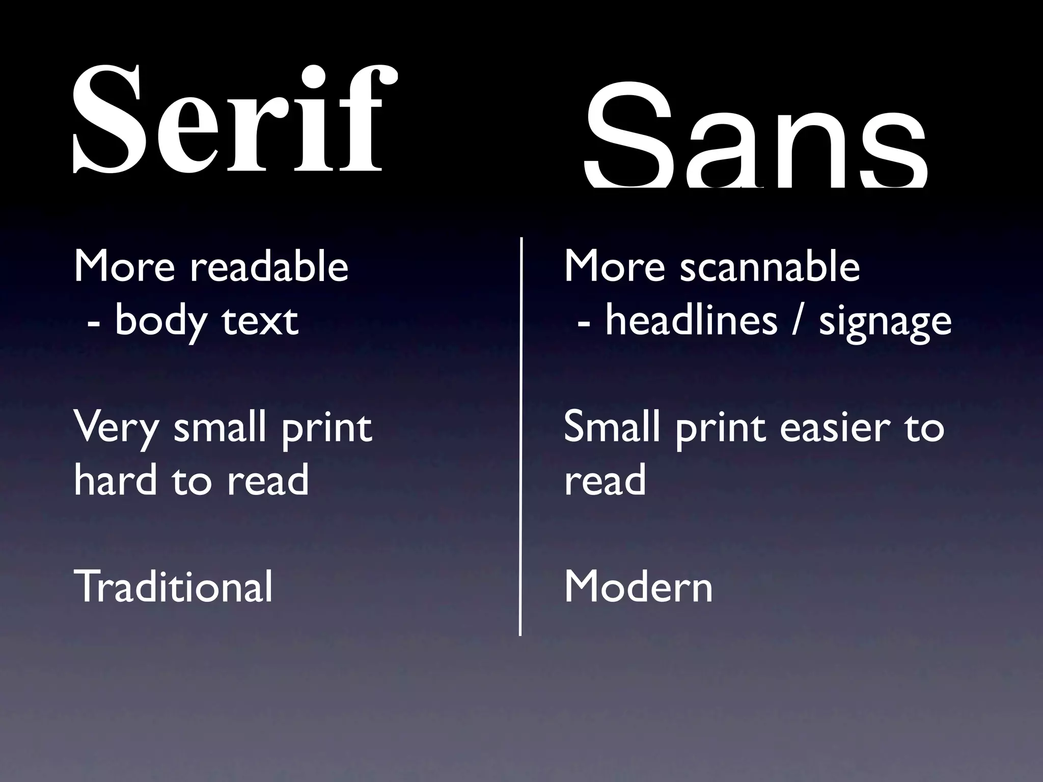 Serif              Sans
More readable      More scannable
- body text        - headlines / signage

Very small print   Small print easier to
hard to read       read

Traditional        Modern
 
