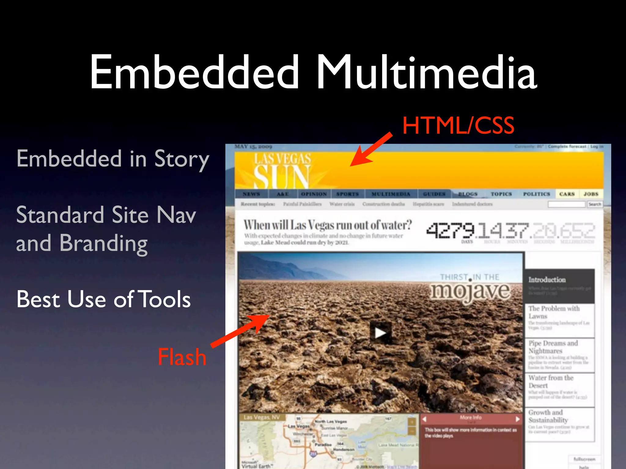 Embedded Multimedia
                     HTML/CSS
Embedded in Story

Standard Site Nav
and Branding

Best Use of Tools

             Flash
 