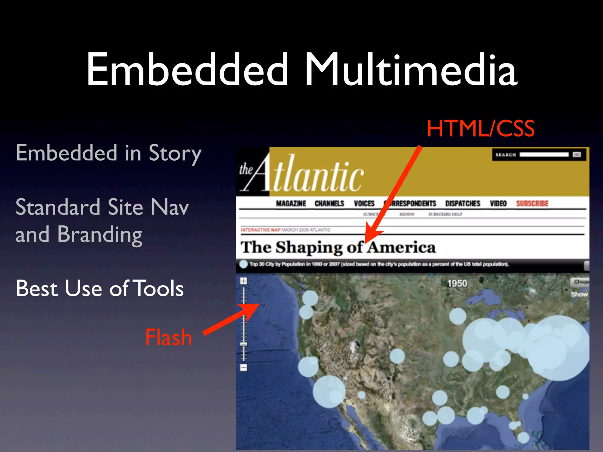Embedded Multimedia
                    HTML/CSS
Embedded in Story

Standard Site Nav
and Branding

Best Use of Tools

            Flash
 