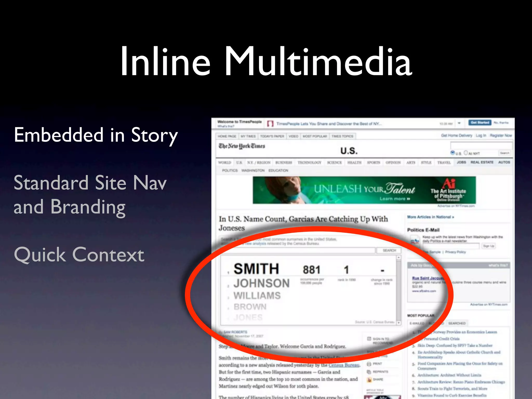 Inline Multimedia
Embedded in Story

Standard Site Nav
and Branding

Quick Context
 