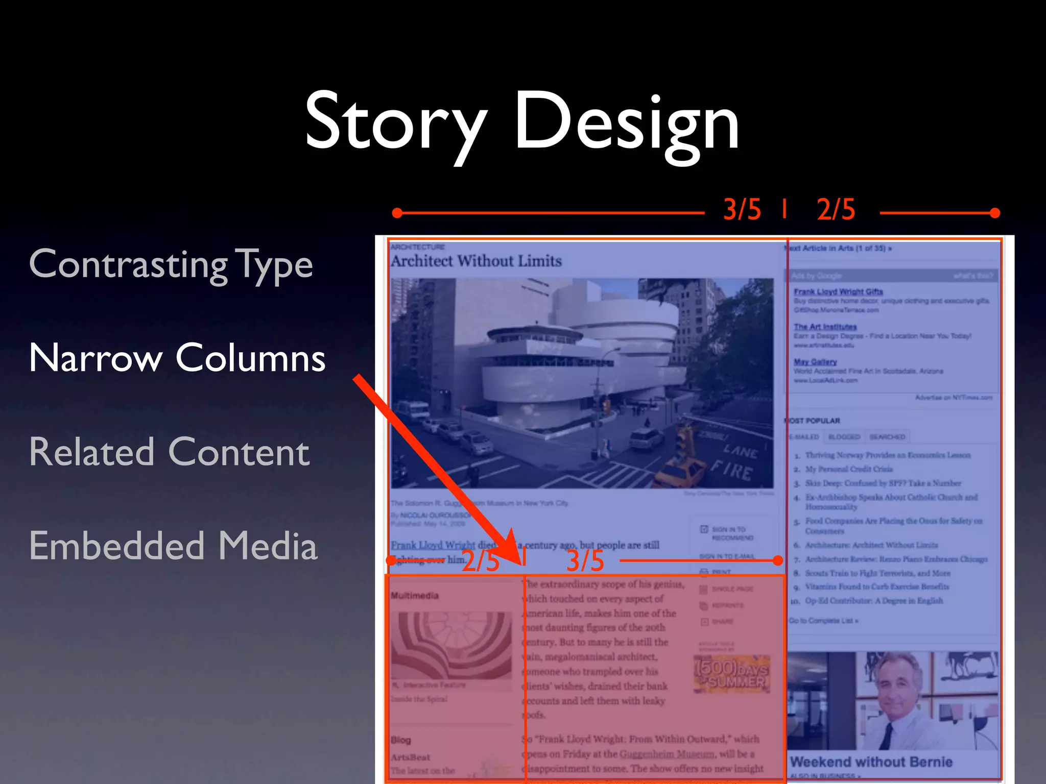 Story Design
                               3/5   2/5
Contrasting Type

Narrow Columns

Related Content

Embedded Media     2/5   3/5
 