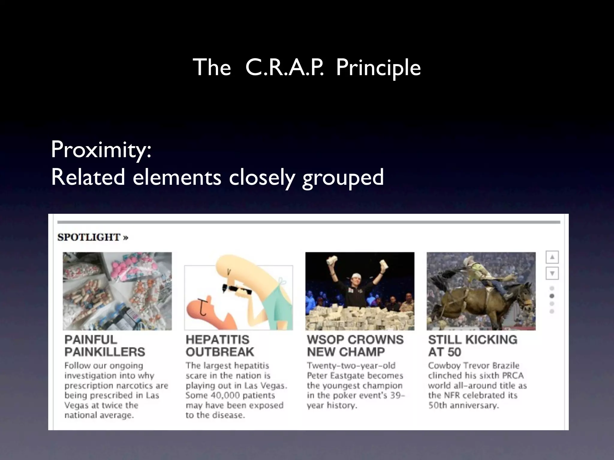 The C.R.A.P. Principle


Proximity:
Related elements closely grouped
 