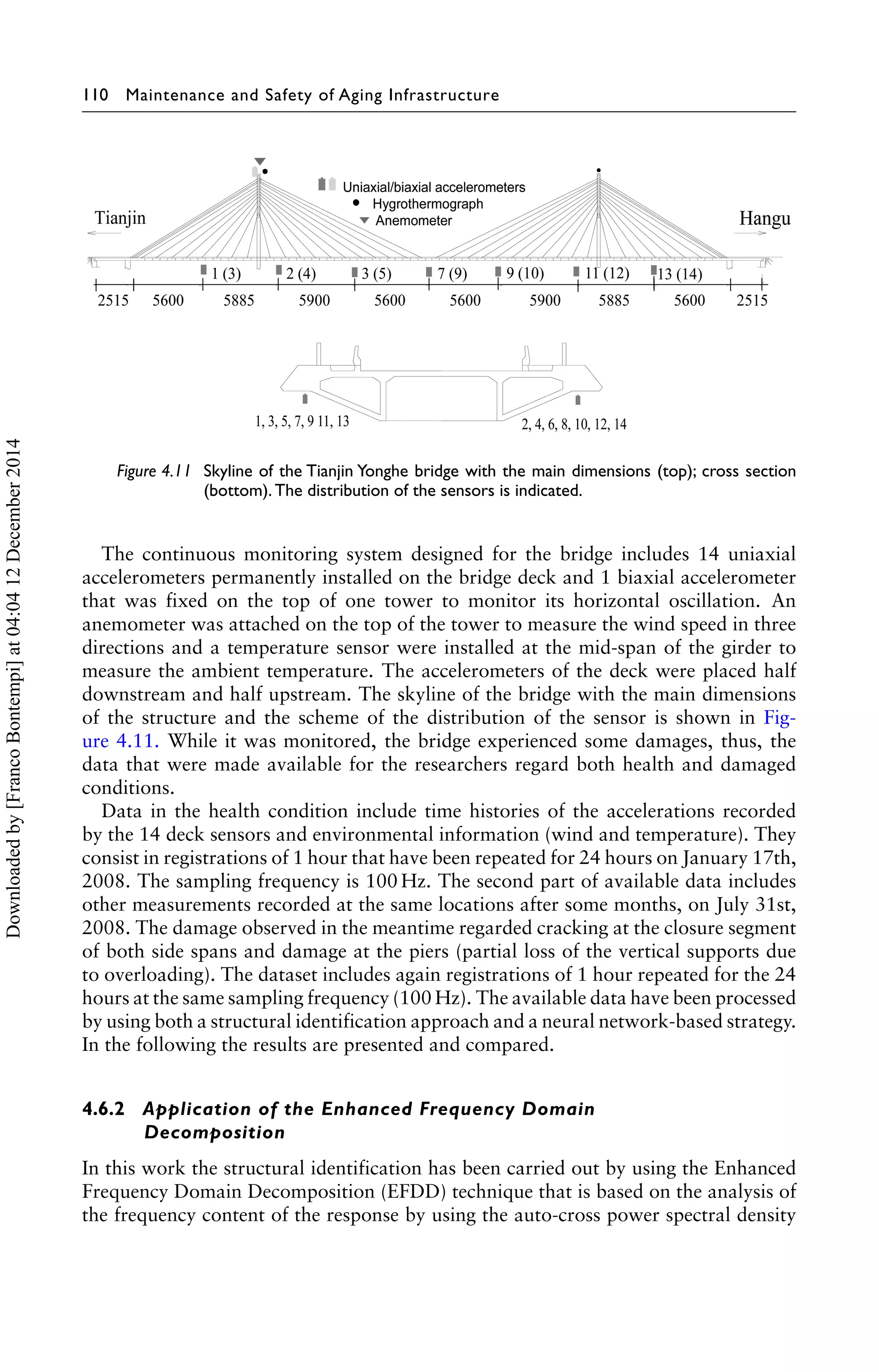 110 Maintenance and Safety of Aging Infrastructure 
Figure 4.11 Skyline of the Tianjin Yonghe bridge with the main dimensions (top); cross section 
(bottom). The distribution of the sensors is indicated. 
The continuous monitoring system designed for the bridge includes 14 uniaxial 
accelerometers permanently installed on the bridge deck and 1 biaxial accelerometer 
that was fixed on the top of one tower to monitor its horizontal oscillation. An 
anemometer was attached on the top of the tower to measure the wind speed in three 
directions and a temperature sensor were installed at the mid-span of the girder to 
measure the ambient temperature. The accelerometers of the deck were placed half 
downstream and half upstream. The skyline of the bridge with the main dimensions 
of the structure and the scheme of the distribution of the sensor is shown in Fig-ure 
4.11. While it was monitored, the bridge experienced some damages, thus, the 
data that were made available for the researchers regard both health and damaged 
conditions. 
Data in the health condition include time histories of the accelerations recorded 
by the 14 deck sensors and environmental information (wind and temperature). They 
consist in registrations of 1 hour that have been repeated for 24 hours on January 17th, 
2008. The sampling frequency is 100 Hz. The second part of available data includes 
other measurements recorded at the same locations after some months, on July 31st, 
2008. The damage observed in the meantime regarded cracking at the closure segment 
of both side spans and damage at the piers (partial loss of the vertical supports due 
to overloading). The dataset includes again registrations of 1 hour repeated for the 24 
hours at the same sampling frequency (100 Hz). The available data have been processed 
by using both a structural identification approach and a neural network-based strategy. 
In the following the results are presented and compared. 
4.6.2 Application of the Enhanced Frequency Domain 
Decomposition 
In this work the structural identification has been carried out by using the Enhanced 
Frequency Domain Decomposition (EFDD) technique that is based on the analysis of 
the frequency content of the response by using the auto-cross power spectral density 
Downloaded by [Franco Bontempi] at 04:04 12 December 2014 
 