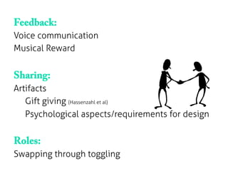 Feedback:
Voice communication
Musical Reward
	
  
Sharing:
Artifacts
Gift giving (Hassenzahl et al)
Psychological aspects/requirements for design
	
  
Roles:
Swapping through toggling
	
  
 